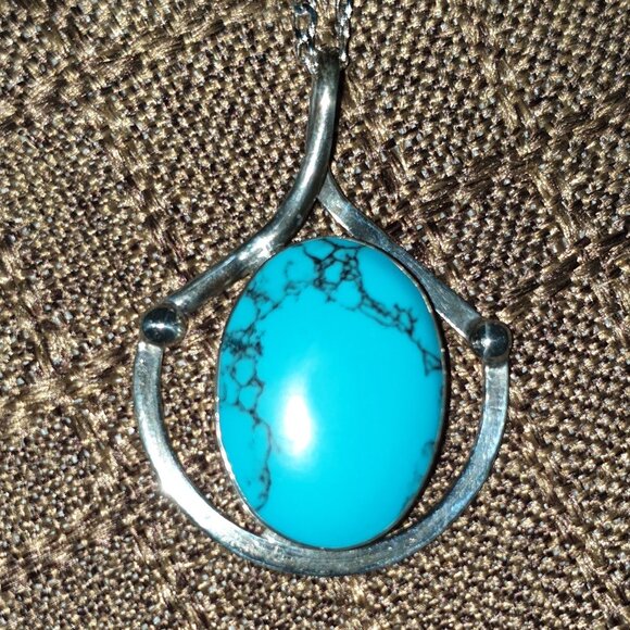Vintage Mexican Southwestern 925 Sterling Silver Blue Howlite Statement Pendant - Picture 8 of 10